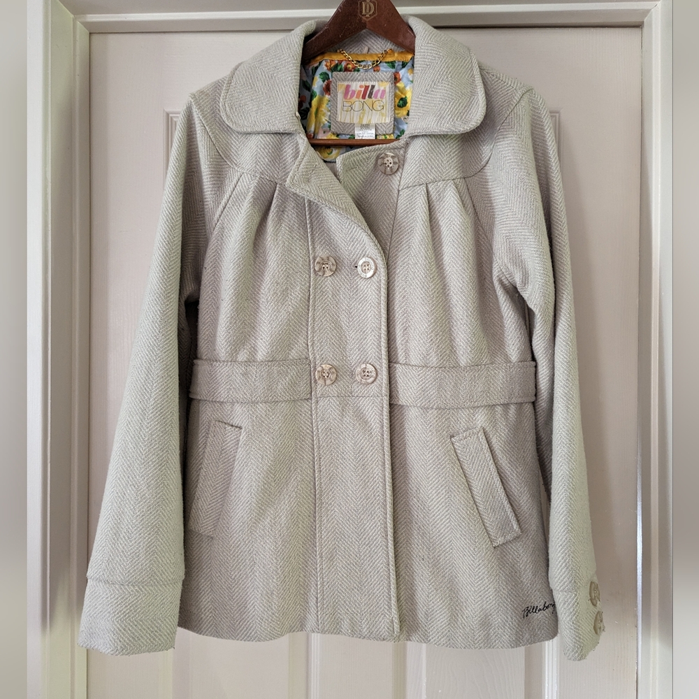 Vintage Billabong Cream & Tan Size Large Peacoat Lined Double Breasted